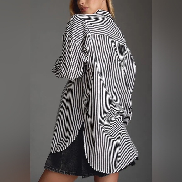 Anthropologie Bennet Striped Oversized Buttondown Shirt Maeve Dark Gray White - Picture 2 of 7